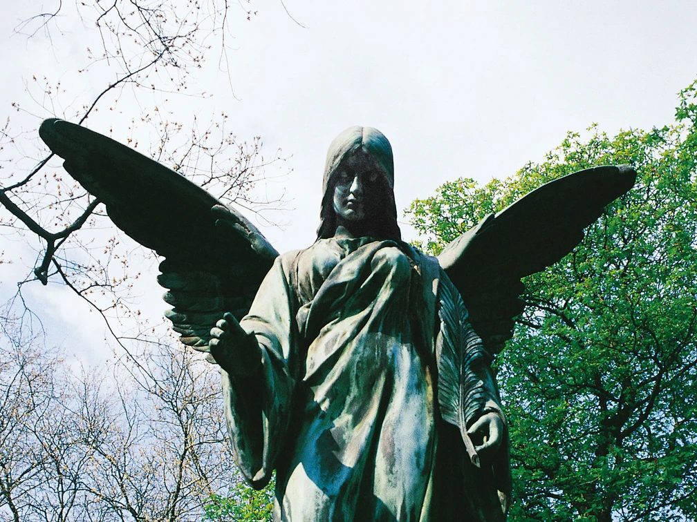 Melaten Cemetery Die majestätische Statue eines Engels mit weit geöffneten Flügeln erhebt sich erhaben vor einem Hintergrund aus blühendem Frühlingslaub und einem klaren Himmel.The majestic statue of an angel with wide-open wings rises majestically against a backdrop of blossoming spring foliage and a clear sky.