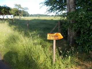 Kapelle "Unter den Linden" Wegweiser Der Wegweiser zeigt zur "Kapelle unter den Linden", umgeben von Wiese und Bäumen. Ein ruhiger Pfad führt entlang.