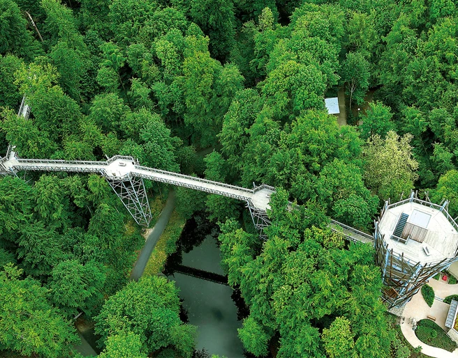 Baumwipfelpfad Bad Iburg Op het boomkroonpad in Bad Iburg (Duitsland) kun je op bijna 30 meter hoogte door het bos wandelenBaumwipfelpfad über dichtem, grünen Wald mit Aussichtsturm und Holzstege.