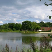 Strand vom Campingplatz Vor einem sanft wellenden Gewässer liegt ein idyllischer Campingplatz, umrahmt von üppigem Grün.