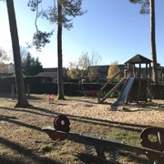 Spielplatz mit Kletterturm, Rutsche und Wipptieren unter hohen Bäumen im herbstlichen Sonnenlicht.