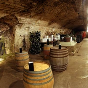 Ein rustikaler Weinkeller mit mehreren Holzfässern, einem geöffneten Tor und dekorativen Lichteffekten.