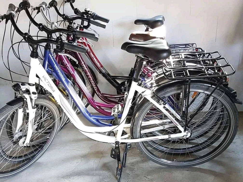 Fahrradverleih Nülle Mehrere Stadtfahrräder stehen geordnet nebeneinander auf einem Betonboden in einem Fahrradverleih.