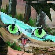 Katzen-Augen-Blicke Ein Gemälde einer Katze mit auffällig grünen Augen, umgeben von Naturmotiven, auf Holzhintergrund.