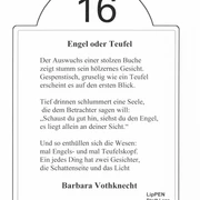 Lesestation 16 Literarische Tafel Nr. 16 zeigt "Engel oder Teufel" von Barbara Vothknecht auf einem Wanderweg.