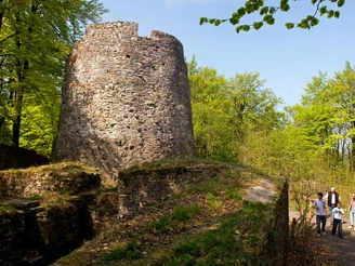 Iburg Ein mittelalterlicher Burgturm im Wald mit Besuchern erkunden historische Mauern unter blauem Himmel.