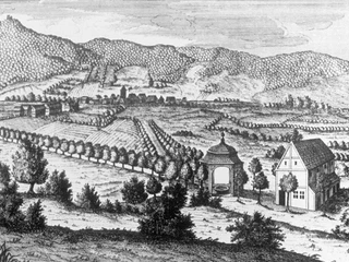 Brunnenhaus mit dem Haus des Brunnenmeisters  Historische Zeichnung eines Landsitzes mit einem Brunnenhaus und angrenzendem Wohngebäude.