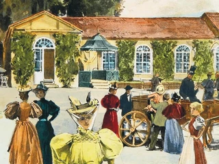 Vor der Trinkhalle und dem Concertpavillon Vor der Trinkhalle und dem Konzertpavillon flanieren elegant gekleidete Personen des 19. Jahrhunderts.