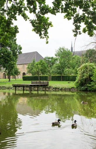 Ruhiger Teich mit Enten im Vordergrund, alte Kirche und gepflegte Gärten im Hintergrund.