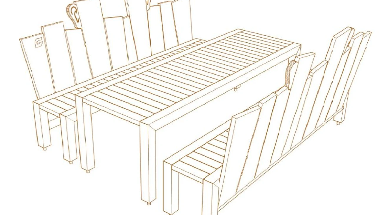 Skizze Ruheplatz "Hören" Linienzeichnung eines outdoor Esstisch-Sets mit hohen Stühlen; skandinavisches Design.