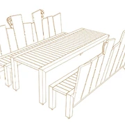 Skizze Ruheplatz "Hören" Linienzeichnung eines outdoor Esstisch-Sets mit hohen Stühlen; skandinavisches Design.