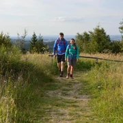 Zwei Wanderer auf einem Naturpfad mit weitem Ausblick, umgeben von Wiesen und Bäumen.