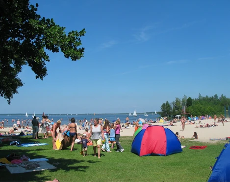Strandleben auf der Badeinsel Mehrere Personen genießen sommerliche Aktivitäten auf einer grünen Wiese nahe einem sandigen Strand.