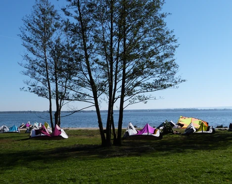 Am Ufer stehen bunte Kites, während Menschen das sonnige Wetter am Wasser genießen.