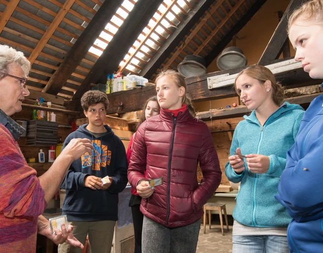 L'alpagiste explique aux participants la fabrication du fromage étape par étape