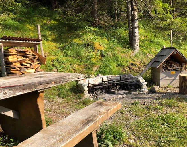 Feuerstelle mit Tisch und Bänken für den gemütlichen Grillplausch