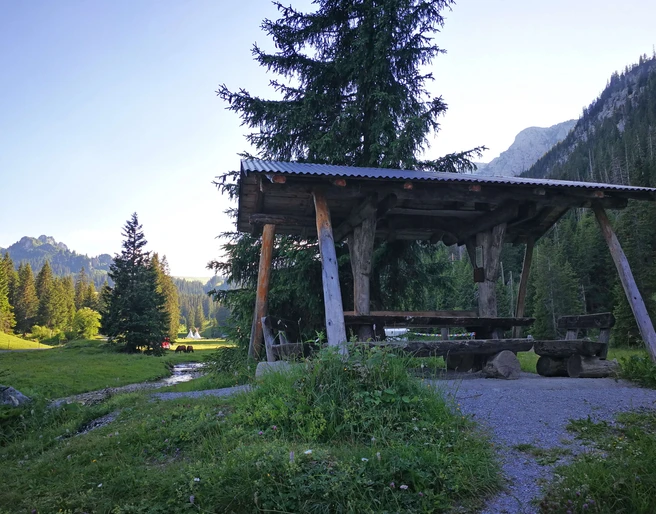 Covered seating by the fireplace