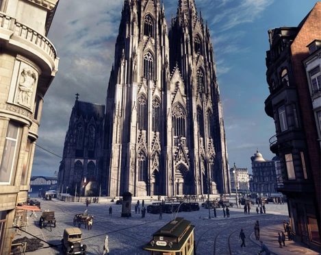 TimeRide virtual representation of Cologne Cathedral Ein historischer Straßenzug mit alten Autos und Straßenbahn vor dem majestätischen Kölner Dom.A historic street with old cars and streetcars in front of the majestic Cologne Cathedral.
