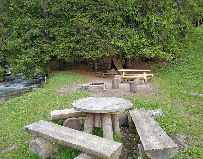 Feuerstelle am Senggibach auf einer grünen Wiese am Waldrand