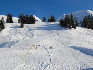 Slalom skiing on the beginner's slope