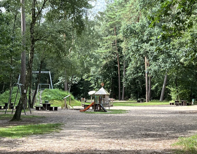 Waldspielplatz Kirchlinteln Ein weitläufiger Waldspielplatz mit Klettergerüst, Rutsche und Schaukeln, umgeben von hohen Bäumen.