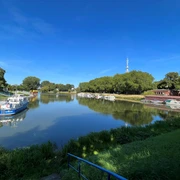 Hafen Nienburg Eine ruhige Flussmündung mit festgemachten Booten und umliegendem saftigem Grün unter blauem Himmel.