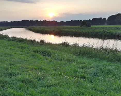 Godensholter Tief Das Bild zeigt einen sanften Flusslauf des Godensholter Tiefs, der malerisch durch grüne Wiesen fließt. Der Himmel ist von der untergehenden Sonne in warme Farben getaucht, die sich auf der Wasseroberfläche spiegeln. Eine friedliche, fast schon idyllische Landschaft breitet sich aus, die Ruhe und Naturverbundenheit ausstrahlt.
