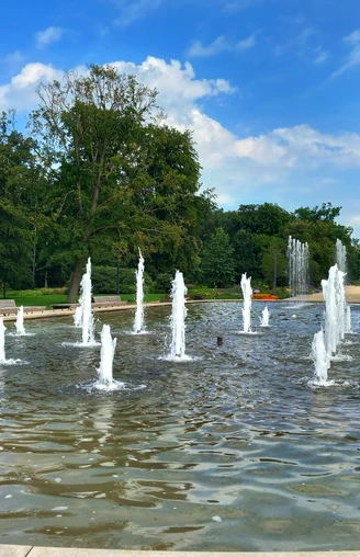 Wasserfontänen sprudeln lebhaft aus einem flachen Becken in einem weitläufigen, grünen Park.