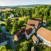 Detmold-2023-023-LWL Freilichtmuseum-Teutoburger-Wald-Tourismus-D-Ketz-CC-BY-SA.jpg Luftaufnahme zeigt ein Freilichtmuseum in Detmold mit Fachwerkhäusern und grüner, hügeliger Landschaft.