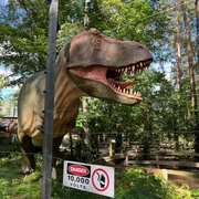 Ein lebensgroßer Dinosaurier steht hinter einem Elektrozaun in einem bewaldeten Areal im Dino-Park.