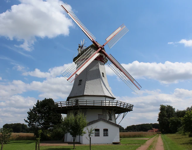 Behlmer Hochzeitsmühle Eine historische Windmühle mit roten Flügeln vor blauem Himmel und eine ländliche Umgebung.