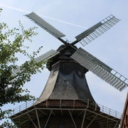 Fehsenfeldsche Mühle Marfeld Historische Windmühle mit vier großen Flügeln und einem Ziegeldach, umgeben von einem Baum und Ziegelgebäude.