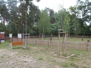 Gedenkstätte Heemsen Gedenkstätte Heemsen mit Informationstafeln, Gedenksteinen, jungen Bäumen und einem Holzzaun.