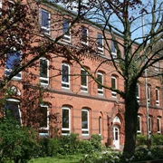 Gymnasium am Markt Schule aus roten Ziegeln mit großen Fenstern, umgeben von Bäumen und gepflegtem Grün.