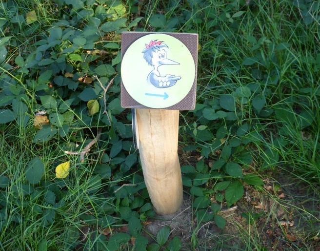 Naturerlebnispfad Achimer Stadtwald Ein hölzerner Wegweiser mit einem illustrierten Vogel zeigt den Weg im grünen Achimer Stadtwald.