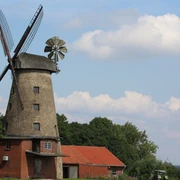 Pottmühle Petershagen Windmühle mit Flügeln und rotem Backsteingebäude, umgeben von Bäumen unter blauem Himmel.