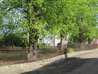 Rittergut von Behr Drei große Bäume stehen vor einem schmiedeeisernen Zaun mit Blick auf ein altes Fachwerkhaus.