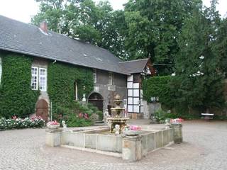 Brunnen im Schlosshof Ein steinerner Brunnen mit Wasserspeiern im Innenhof, umgeben von alten Gebäuden und grünen Bäumen.
