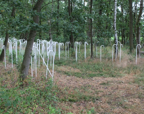 Skulptur "Einhundertneununddreißig" Weiße Skulpturen ragen aus dem Waldboden empor, umgeben von Bäumen und Gras in natürlicher Umgebung.