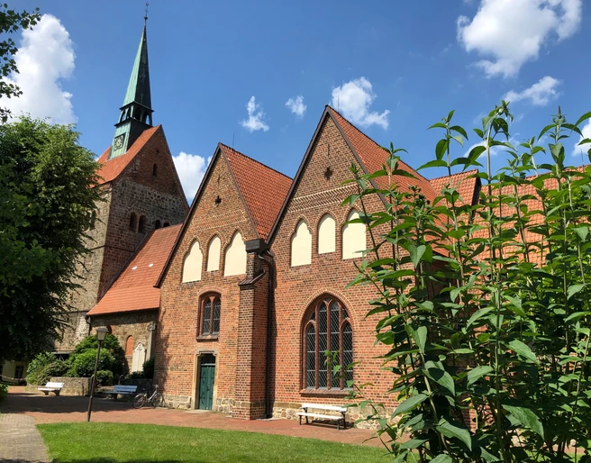 Backsteinkirche St. Cyriakus in Holzminden bei sonnigem Wetter mit Pflanzen im Vordergrund.
