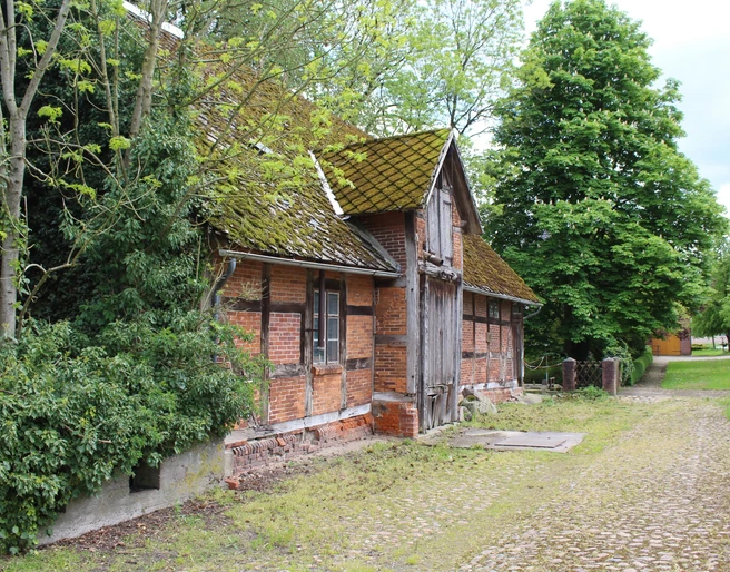 Wassermühle Heuermann Historische Wassermühle Heuermann aus rotem Backstein, umgeben von Bäumen, mit leicht bemoostem Dach.