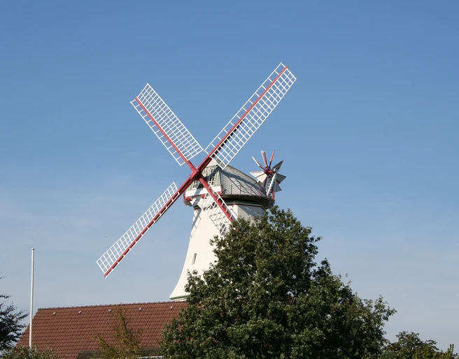 Windmühle "Jan Wind" in Langwedel-Etelsen Windmühle mit roten Flügeln und weißen Holzplanken hinter Bäumen vor blauem Himmel in Langwedel-Etelsen.
