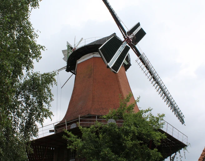 Windmühle Westen Backstein-Windmühle mit weiß-grünen Flügeln, umgeben von grünen Bäumen, unter bewölktem Himmel.