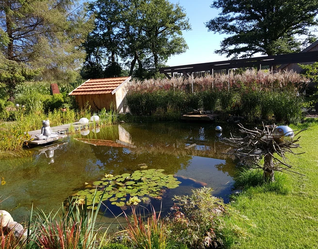 20190922_110739.jpg Ein ruhiger Teich spiegelt inmitten eines gepflegten Gartens lilienbedeckte Wasserflächen und harmonische Vegetation wider, während eine Statue am Ufer sitzt und für Harmonie sorgt.