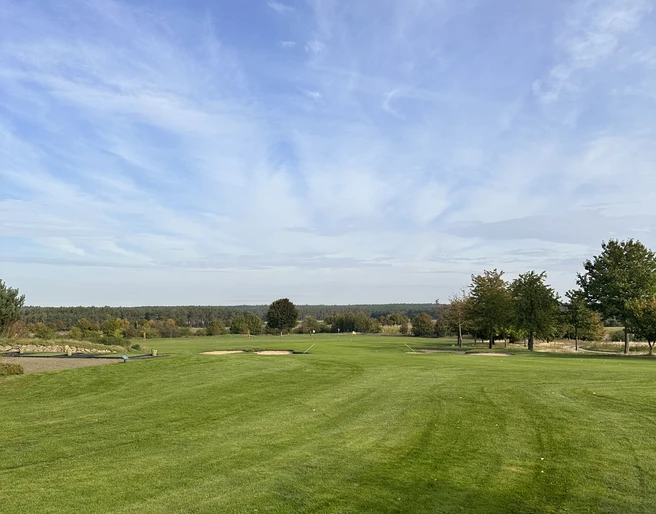 Weitläufige Golfwiese mit tiefblauem Himmel, umgeben von vereinzelten Bäumen am Horizont.