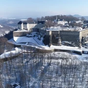 Festung Königstein Eine verschneite Festung Königstein auf einem Hügel, umgeben von kahlen Bäumen und einer weiten Winterlandschaft unter klarem, blauem Himmel.