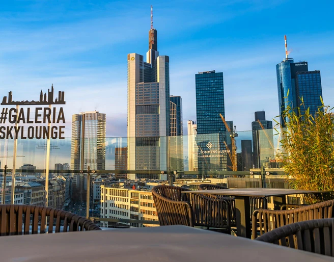 Stühle und Tische auf der Terrasse mit Blick auf die SkylineChairs and tables on the terrace overlooking the skyline