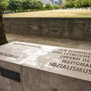 Rosa Winkel Memorial Steinernes Mahnmal in Köln mit Aufschrift für schwule und lesbische NS-Opfer vor Baum.Stone memorial in Cologne with inscription for gay and lesbian victims of National Socialism in front of tree.