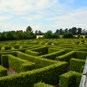 Großes, grünes Heckenlabyrinth mit Spaziergängern auf erhöhter Holzplattform.