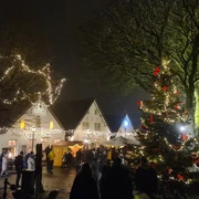 Weihnachtsmarkt Greetsiel Zu sehen ist der Blick auf den Weihnachtsmarkt bei Dunkelheit und mit Lichterketten. Vorne steht eine große geschmückte Weihnachtstanne.